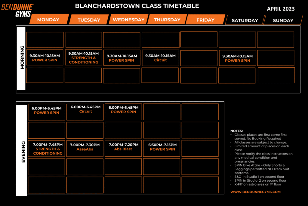 Blanchardstown Class Timetable